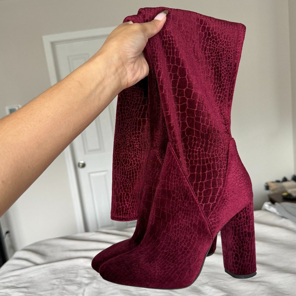 Aldo Tenesha Velvet Over The Knee Boots 4" Heel Wine Reptile Print